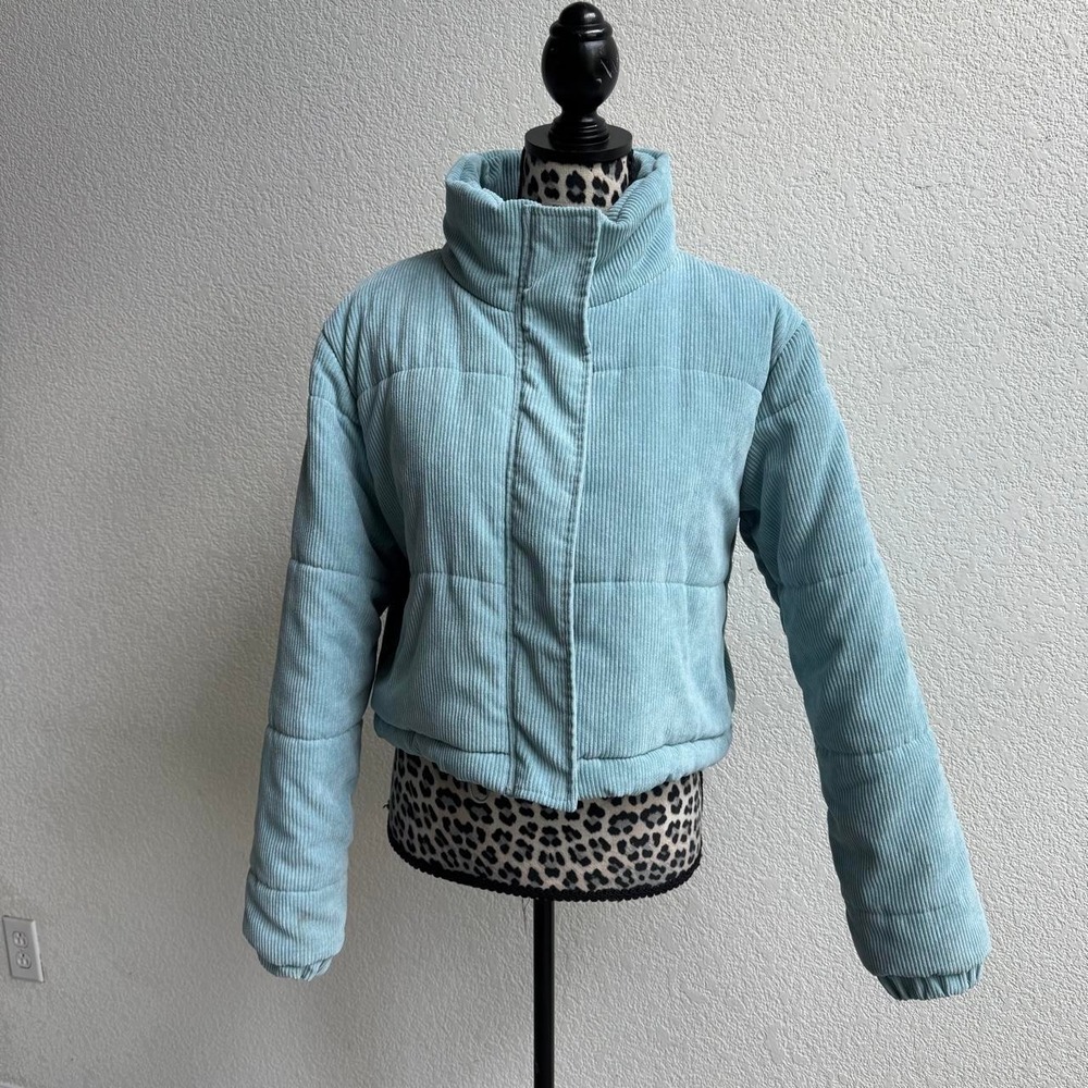 Say What Baby blue corduroy puffer cropped jacket